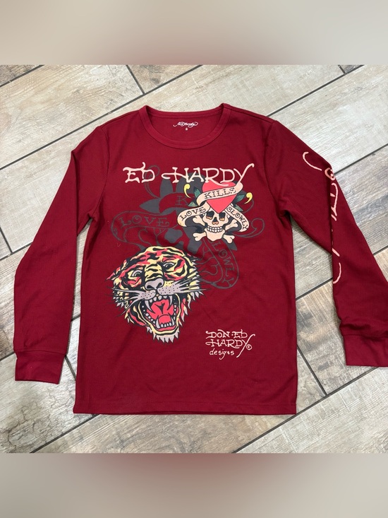 Ed Hardy Other - Ed Hardy Y2K Style Thermal Long Sleeve Mens S Burgundy Tiger Tattoo Waffle Knit
